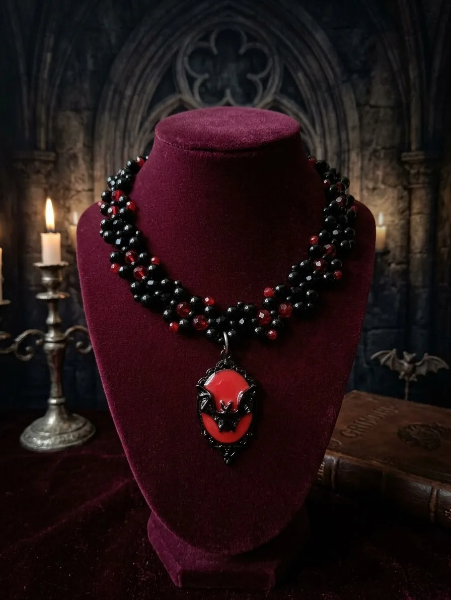 Gargantilla gótica tejida y camafeo negro con rojo — foto 1 de 6