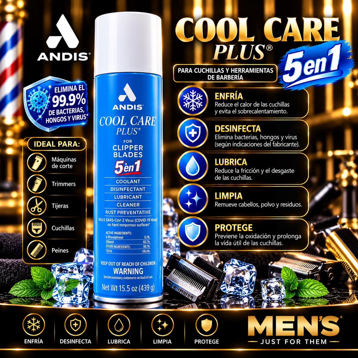 Andis Cool Care Plus 5 en 1 – Aerosol para Cuchillas