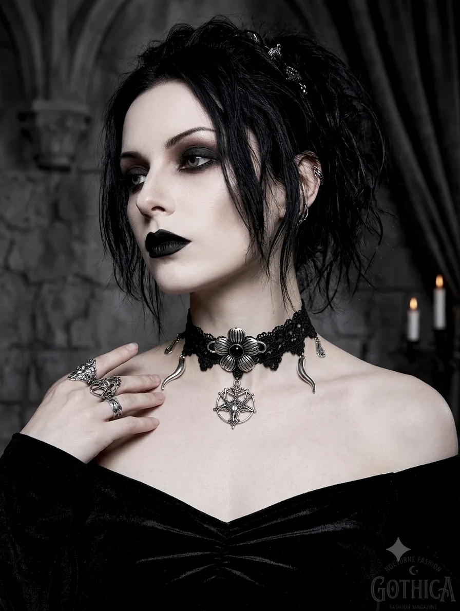 Gargantilla gótica encaje Baphomet pentagrama plata — foto 1 de 6