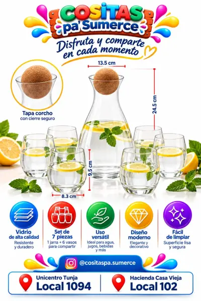 Set jarra de vidrio con corcho + 6 vasos