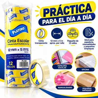Cinta escolar Platino 12 mm x 5 m (12 rollos)