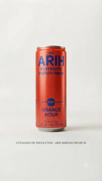 ARIH Postbiotic Energy Drink en su sabor Orange Hour.