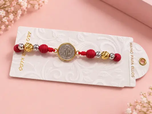 Pulsera san Benito roja bolitas tipo diamantada